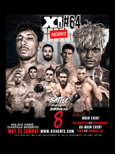 Official X-1 #64 fight poster with featured matchups: De Santos vs. Hasegawa, King vs. Soares Jr