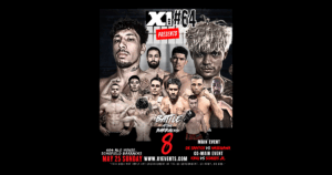 Official X-1 #64 fight poster with featured matchups: De Santos vs. Hasegawa, King vs. Soares Jr