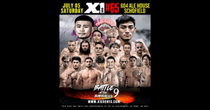 Event poster for X-1 #65: Battle at the Barracks 9 — July 5, 2025 at 604 Ale House, Schofield; collage of fighters featuring main event Rysen Leong vs Tristan Futa.