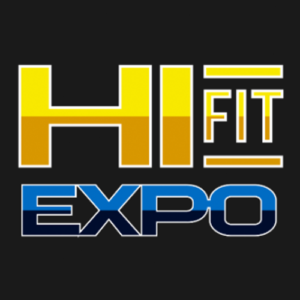 Hi Fit Expo square logo in navy and blue with gold accents representing Hawaii’s premier fitness sport and healthy lifestyle event